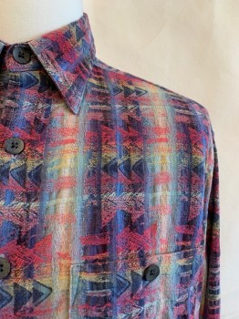Mens, Shirt, THE TERRITORY AHEAD, Red, Blue, Yellow, Lt Blue, Cotton, Stripes, Triangles, S, C.A., Button Front, L/S, 1 Pocket, 3 Button Cuffs
