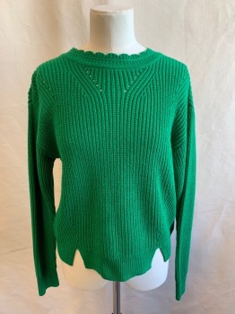 Childrens, Sweater, 1901, Kelly Green, Cotton, Acrylic, Solid, 14-16, Scalloped Round Neck, Green Knit