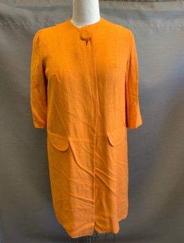 CAROL CRAIG, Orange, Cotton, Solid, Lightweight Fabric, 1 Large Orange Button at Neck, Round Neck,  3/4 Sleeves, 2 Faux/Non Functional Pocket Flaps at Hips,