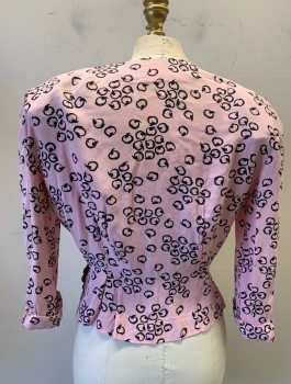 N/L, Lt Pink, Black, Silk, Circles, Novelty Pattern, Jacket, Georgette, 3/4 Sleeves with Cuffs, Heavily Padded Shoulders, V-Neck, 4 Black Buttons, Peplum Waist with Scallopped Ruffle Details, Smocking at Shoulders, No Lining