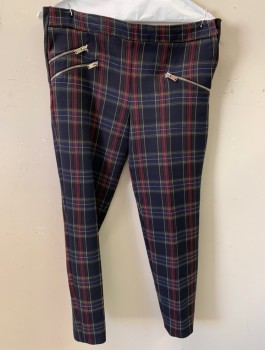 ZARA, Midnight Blue, Maroon Red, Tan Brown, Cotton, Spandex, Plaid, Jeggings, Side Zipper, 3 Silver Zippers, Side Gussets