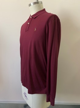 RALPH LAUREN, Red Burgundy, Cotton, Solid, L/S, Collar Attached, 2 Buttons, Embroiderred Logo On Chest