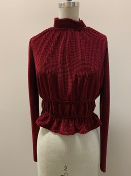 LOST + WANDER, Red, Polyester, Spandex, Textured Fabric, L/S, Mock Neck, Double Elastic Waist Band, Back Button