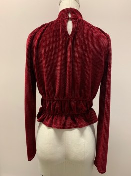 LOST + WANDER, Red, Polyester, Spandex, Textured Fabric, L/S, Mock Neck, Double Elastic Waist Band, Back Button