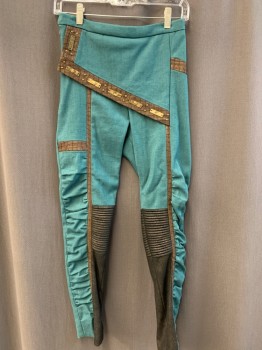 Womens, Sci-Fi/Fantasy Pants, MTO, Teal Blue, Brown, Black, Brass Metallic, Cotton, Polyester, Color Blocking, I28, W26, Side Zipper, Stretch, Apron Flap, Quilted Knees, Gathered Side Panel Inserts