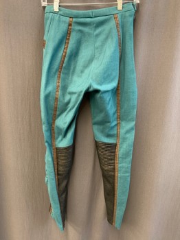 Womens, Sci-Fi/Fantasy Pants, MTO, Teal Blue, Brown, Black, Brass Metallic, Cotton, Polyester, Color Blocking, I28, W26, Side Zipper, Stretch, Apron Flap, Quilted Knees, Gathered Side Panel Inserts