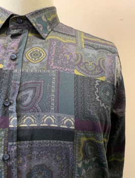 ETRO, Dk Gray, Black, Purple, Lt Olive Grn, Lt Gray, Cotton, Paisley/Swirls, Geometric, Collar Attached, Button Front, Long Sleeves, Paisley Squares