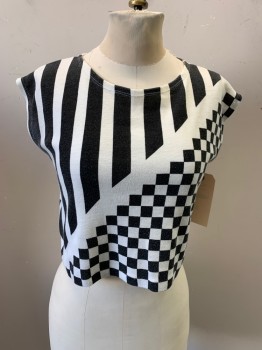 N/L, White, Faded Black, Polyester, Check , Stripes, Crew Neck, Pullover, Sleeveless, Cropped