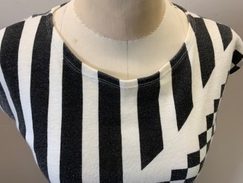 Womens, Shirt, N/L, White, Faded Black, Polyester, Check , Stripes, B 36, S, Crew Neck, Pullover, Sleeveless, Cropped