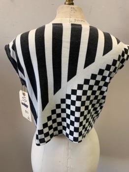 Womens, Shirt, N/L, White, Faded Black, Polyester, Check , Stripes, B 36, S, Crew Neck, Pullover, Sleeveless, Cropped