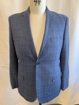 ROSETTI, Slate Blue, Lt Beige, Navy Blue, Wool, Silk, Plaid, Single Breasted, 2 Buttons, 3 Pockets, Notched Lapel, Double Vent
