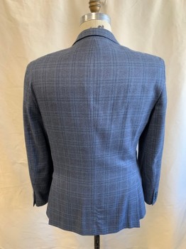 ROSETTI, Slate Blue, Lt Beige, Navy Blue, Wool, Silk, Plaid, Single Breasted, 2 Buttons, 3 Pockets, Notched Lapel, Double Vent