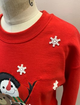 GILDAN, Red, White, Multi-color, Poly/Cotton, Holiday, L/S, CN, Plastic Snowflake Beads, Snowman Teddy Bear And Penguin Patch With Sequins