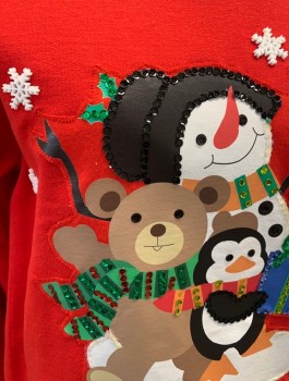 GILDAN, Red, White, Multi-color, Poly/Cotton, Holiday, L/S, CN, Plastic Snowflake Beads, Snowman Teddy Bear And Penguin Patch With Sequins