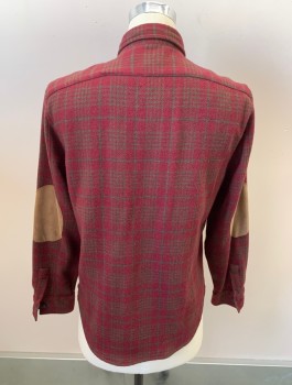 TODD SNYDER, Maroon Red, Olive Green, Wool, Acrylic, Plaid, L/S, B.F., Chest Pocket, Suede Elbows, Black Buttons