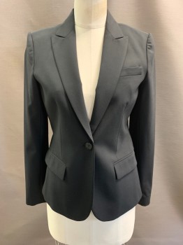 THEORY, Black, Wool, Elastane, Solid, Peaked Lapel, Single Breasted, Button Front, 1 Button, 3 Pockets