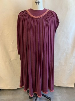 Mens, Historical Fiction Tunic, MTO, Purple, Mauve Pink, Cotton, Solid, O/S, Round Neck, Mauve Braided Trim at Neck and Hem, Sleeveless, Open Sides with Ties, Gathered By Trim at Neck, Snap Back, Hook & Eyes Closures