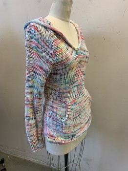 EDDIE BAUER, White, Multi-color, Cotton, Acrylic, Stripes - Static , Heathered, Rolled V-neck, Long Sleeves, Hooded, 1 Kangaroo Pouch Pocket