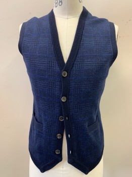 Mens, Sweater Vest, BROOKS BROTHERS, Navy Blue, Blue, Wool, Plaid, S, V-neck, Button Front, 2 Pockets, Print Front, Solid Back