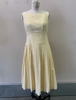 BROOKS BROTHERS, Yellow, White, Cotton, Floral, Bateau/Boat Neck, Slvls, White Bows on Shoulders, White Trim, White Eyelet Floral All Around, Pleated Skirt, Zip Back