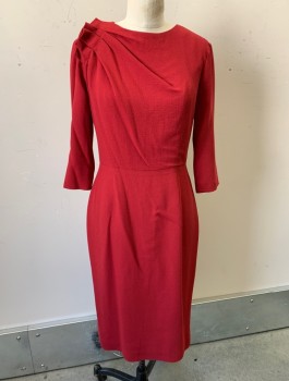 CAROLINA HERRERA, Cherry Red, Wool, Solid, Crepe, 3/4 Sleeves, Sheath Dress, Round Neck, Pleated 3 Dimensional Detail at Right Shoulder, Knee Length, Invisible Zipper in Back