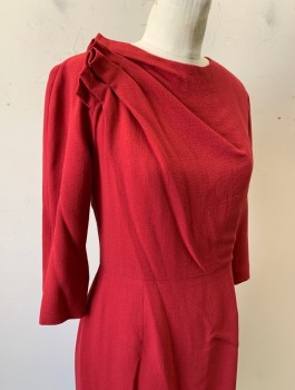 CAROLINA HERRERA, Cherry Red, Wool, Solid, Crepe, 3/4 Sleeves, Sheath Dress, Round Neck, Pleated 3 Dimensional Detail at Right Shoulder, Knee Length, Invisible Zipper in Back