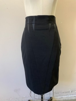 KAREN MILLEN, Black, Wool, Viscose, Solid, Pencil Skirt, Triangular Satin Panels at Waist Darts and Seams, Fitted, Invisible Zipper at Side, Vent at Center Back Hem