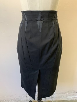 KAREN MILLEN, Black, Wool, Viscose, Solid, Pencil Skirt, Triangular Satin Panels at Waist Darts and Seams, Fitted, Invisible Zipper at Side, Vent at Center Back Hem