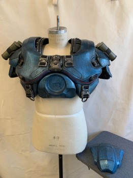 Mens, Sci-Fi/Fantasy Armour, N/L MTO, Iridescent Blue, Pewter Gray, Silver, Fiberglass, Foam, Shoulder Piece, Aged Metallic Finish, Chunky Padding at Shoulders with 4 Silver "Metal" Cannisters on Each Side, Silver Decorative Buckles, Made To Order, Futuristic, Superhero