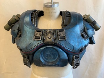 Mens, Sci-Fi/Fantasy Armour, N/L MTO, Iridescent Blue, Pewter Gray, Silver, Fiberglass, Foam, Shoulder Piece, Aged Metallic Finish, Chunky Padding at Shoulders with 4 Silver "Metal" Cannisters on Each Side, Silver Decorative Buckles, Made To Order, Futuristic, Superhero