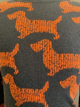 Ice, Dk Orange, Black, Acrylic, Wool, Animal Print, L/S, Crew Neck, Dog Print, Silver Buttons on Bottom Sides and Cuffs,