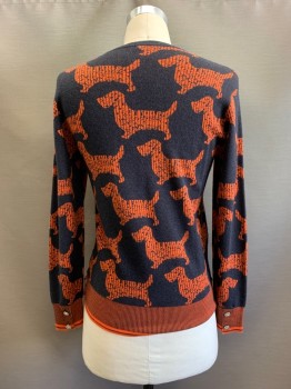 Ice, Dk Orange, Black, Acrylic, Wool, Animal Print, L/S, Crew Neck, Dog Print, Silver Buttons on Bottom Sides and Cuffs,