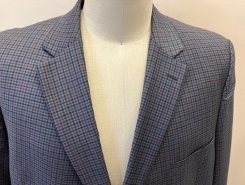 DAVID DONAHUE, Gray, Black, Brown, Red, Wool, Plaid, SB. 2 Btns, Notched Lapel, 2 Flap Pkts, 1 Chest Pkt, Dbl. Vented At Back