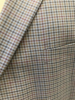 DAVID DONAHUE, Gray, Black, Brown, Red, Wool, Plaid, SB. 2 Btns, Notched Lapel, 2 Flap Pkts, 1 Chest Pkt, Dbl. Vented At Back