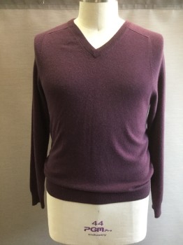 COOP BARNEY'S, Aubergine Purple, Cashmere, Solid, L/S, Ribbed Knit V-neck/Cuff/Waistband, Angular Raglan Shoulder