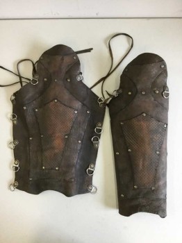 Unisex, Historical Fiction Greaves, NO LABEL, Brown, Leather, Metallic/Metal, Pair With Textured Leather Panel, Silver Metal Loops, W/ Leather Straps