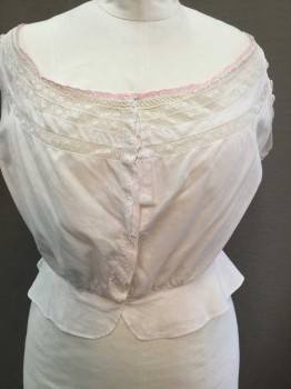Womens, Camisole 1890s-1910s, N/L, White, Pink, Cotton, Solid, 34, 46, Button Front, White Cotton with Lace Panels and Lace Trim, Pink Lace Detail At Neck, Peplum, Gathered At Waist, Tearing At Shoulders and Couple Small Holes In Body