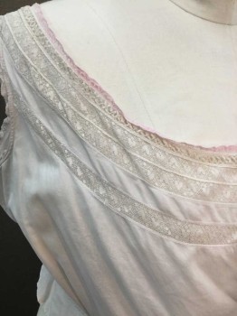 Womens, Camisole 1890s-1910s, N/L, White, Pink, Cotton, Solid, 34, 46, Button Front, White Cotton with Lace Panels and Lace Trim, Pink Lace Detail At Neck, Peplum, Gathered At Waist, Tearing At Shoulders and Couple Small Holes In Body
