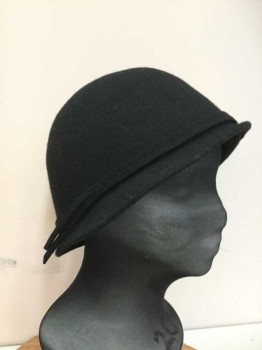 Womens, Cloche, PINS & NEEDLES, Black, Wool, Solid, M, Simple Round Crow with A Short Partial Bell Brim, Double 1/4" Self Band, Adorable 1930"s Repro