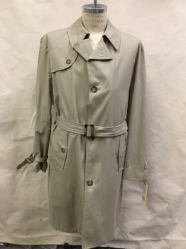 Mens, Coat, Trenchcoat, LONDON, Khaki Brown, Cotton, Solid, 40, Single Breasted, Detached Yoke Back and Right Front, Belt Loops, Matching Buckle Belt, 2 Vertical Pocket, Loops on Cuffs One Side Missing Cuff Strap
