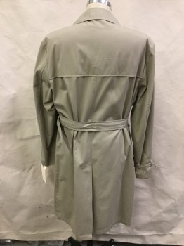 Mens, Coat, Trenchcoat, LONDON, Khaki Brown, Cotton, Solid, 40, Single Breasted, Detached Yoke Back and Right Front, Belt Loops, Matching Buckle Belt, 2 Vertical Pocket, Loops on Cuffs One Side Missing Cuff Strap