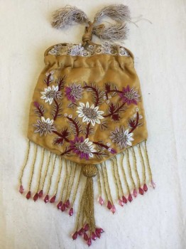Womens, Purse 1890s-1910s, HEART, MOON, STAR, Goldenrod Yellow, Pink, Beige, Cream, Red Burgundy, Synthetic, Plastic, Floral, Goldenrod Shimmer  W/pink,cream,beige,burgundy Embroidery Flower, Gold Beads and Pink Fringe, D-string Top W/cream Lace Trim & Beige Tassels,