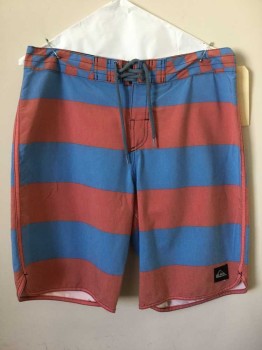 Mens, Swim Trunks, QUICKSILVER, Blue, Red, Synthetic, Stripes, 32, Blue/red Stripe
