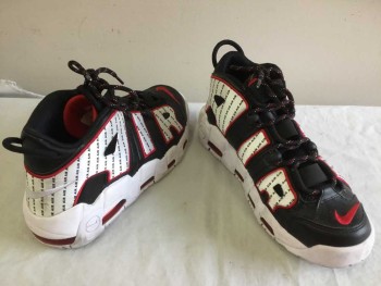 Mens, Shoe, Sneakers/Tennis , Nike Air, Black, Red, White, Nylon, Rubber, Logo , Color Blocking, 9, High Tops, Black with Puffy White Writing Piped In Red