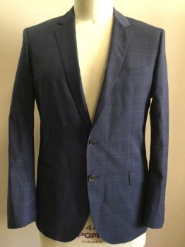 HUGO BOSS, Navy Blue, Gray, Wool, Plaid, Single Breasted, Collar Attached, Notched Lapel, Hand Picked Collar/Lapel, 3 Pockets, 2 Buttons