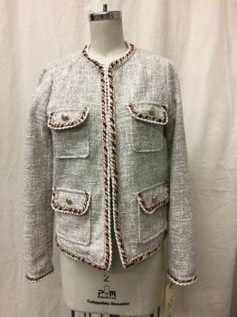 ZARA, Beige, White, Cranberry Red, Gold, Polyester, Solid, Cream And Beige Tweed, Round Neck, Hook & Eye Closure, 4 Pockets, Patch And Flap With Gold Buttons, Braided Trim Applique,
