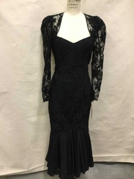 Miss Ashlee, Black, Lace, Acetate, Floral, Long Sleeves, Sweet Heart Neck, Cutout Back, 3 Buttons Back Of Neck, Zip Back, Gathered Shoulders, Solid Black Ruffle Hem