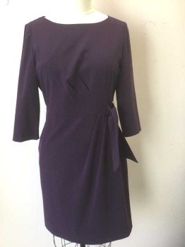TAHARI, Dk Purple, Polyester, Rayon, Solid, 3/4 Sleeves, Wide Scoop Neck, Diagonal Pleats at Side Waist, Self Belt Ties Attached at Waist, Hem Below Knee, Invisible Zipper at Center Back