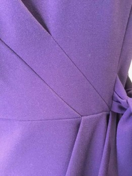 TAHARI, Dk Purple, Polyester, Rayon, Solid, 3/4 Sleeves, Wide Scoop Neck, Diagonal Pleats at Side Waist, Self Belt Ties Attached at Waist, Hem Below Knee, Invisible Zipper at Center Back