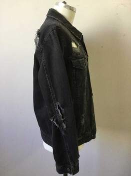 TOP SHOP, Black, Cotton, Classic Cut Denim Jacket., Stonewashed with Holes All Over